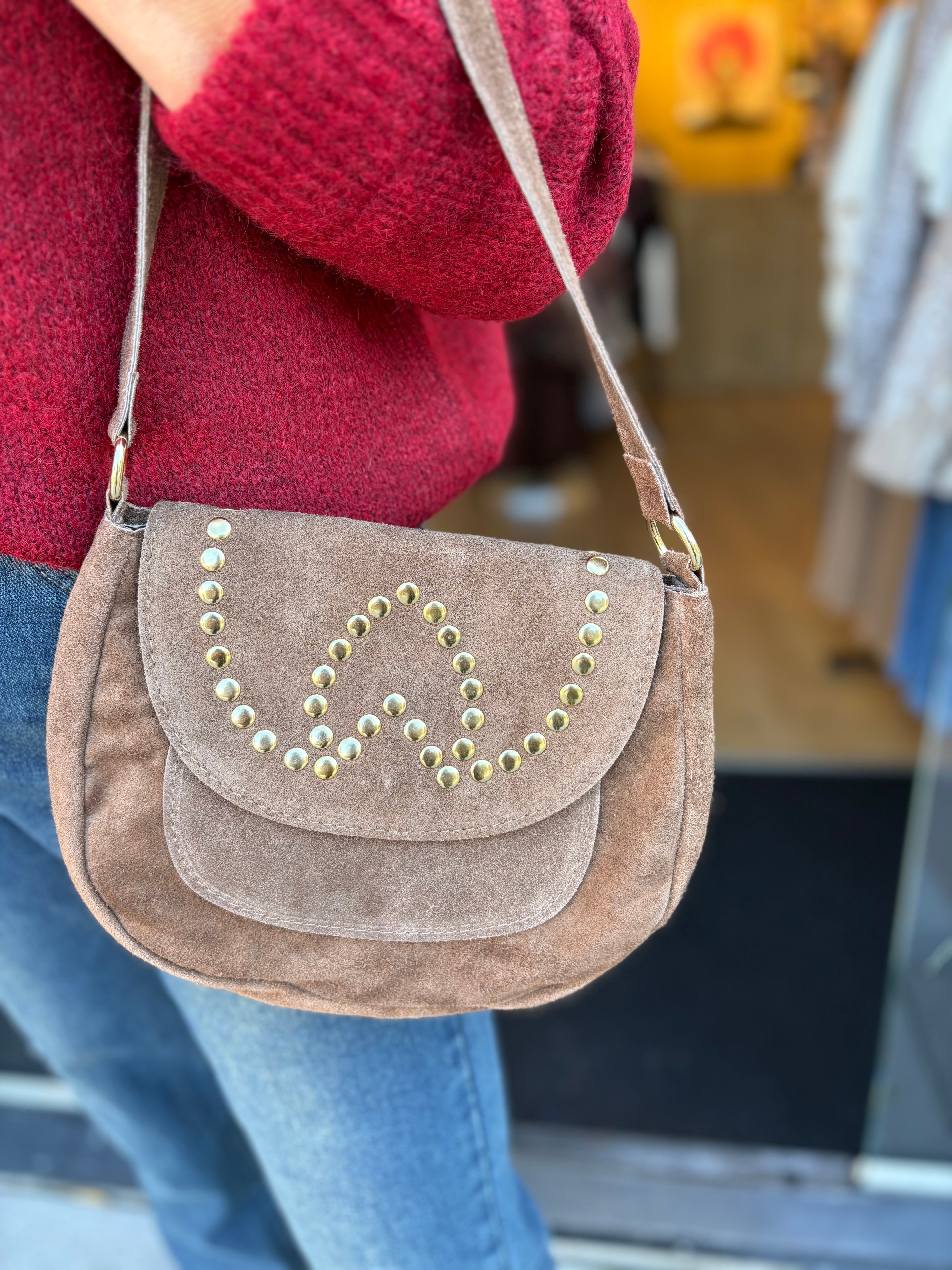 TASSEN LEER/SUEDE BRUIN MET STUDS