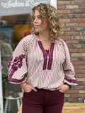 BLOUSE BORDEAUX STREEP MET PRINT
