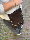 TAS LEER MET FRANJE EN GOUDEN STUDS