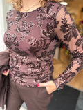 SHIRT LANGE MOUW GLITTER BRUIN/ZWART